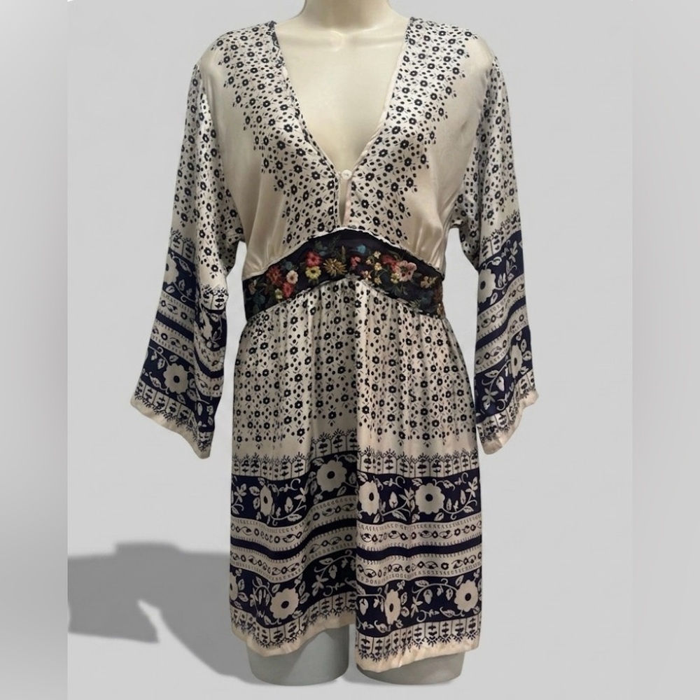 Johnny Was Silk Floral Embroidered Tunic Blouse / Mini Dress Boho-Size M- EUC